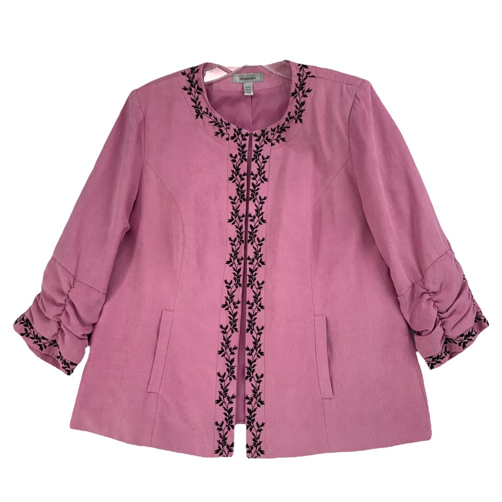 Pink Faux Suede Black Floral Embroidery Open Front Blazer Ruched Sleeves